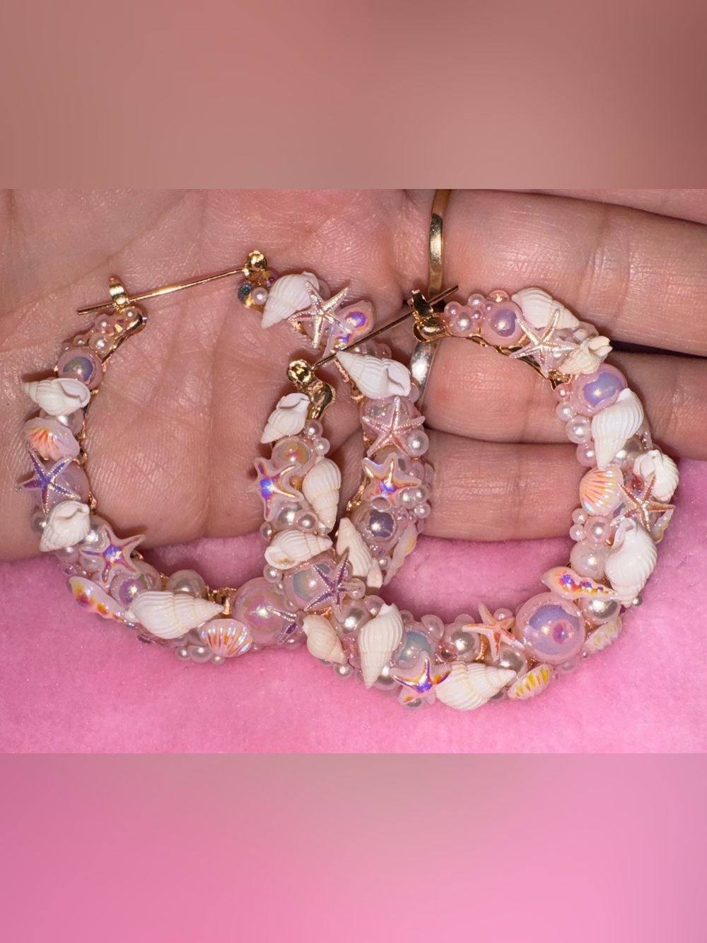 And crafted Sea Shell Hoop “Junk”Earrings - Pink Pearl & Shell